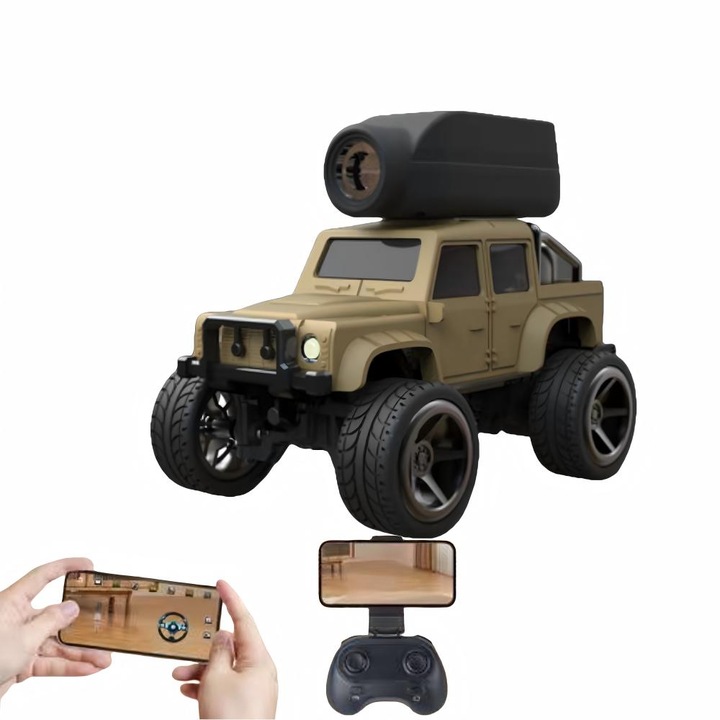 Mini RC autó távirányítóval, terepjáró 480P FPV kamerával, 1:64, 2.4 Ghz, 360°-os forgatás, applikáción keresztül vezérelhető, fotó/videó, 4WD, LED világítás, gyerekeknek/felnőtteknek, khaki