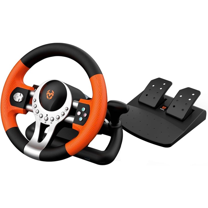 Volan Gaming Krom K-Driver, cu pedale si schimbator, compatibil PC, PS3, PS4 si Xbox One, 12 butoane, USB, Negru/Portocaliu