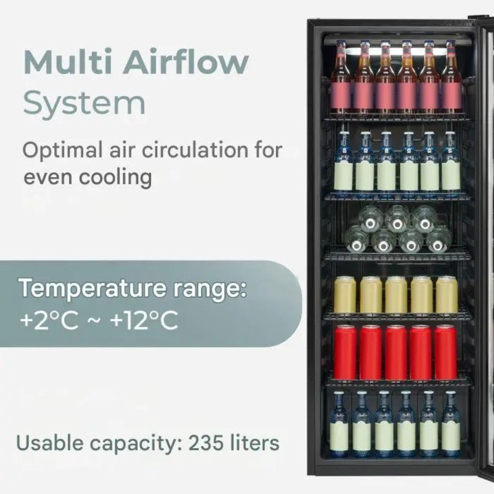 Vitrina frigorifica Bomann, 235 litri, H 143 cm, temperatura 2 ~ 12°C, sistem racire MultiAirflow, iluminare interioara LED, usa sticla reversibila, 5 rafturi interschimbabile, picioare ajustabile, roti transport, consum redus, 150 W, negru