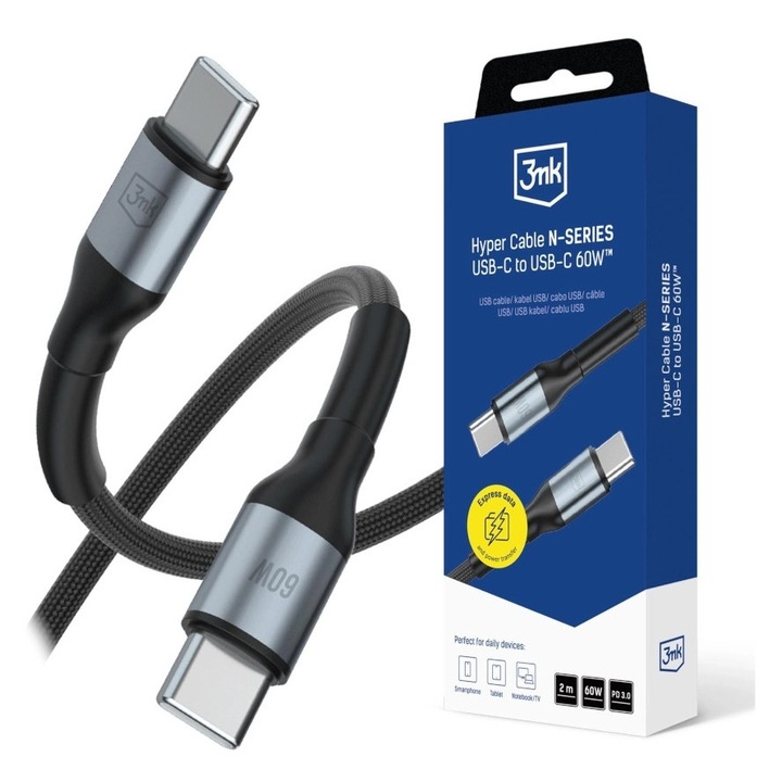 Cablul de date 3MK N-SERIES USB-C, 60W, 2m, Negru