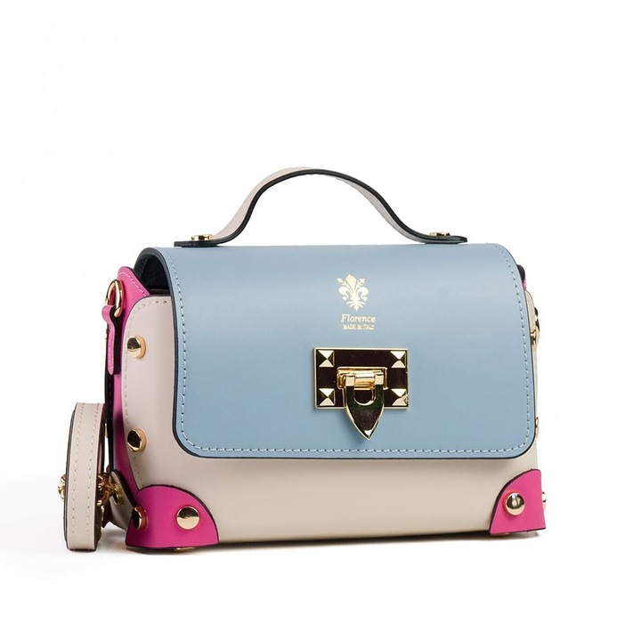 Poseta Piele Natalia - Bleu - Fucsia, Geanta Casual din Piele Naturala, Geanta, Genti