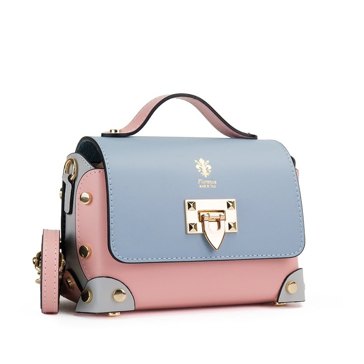 Poseta Piele Natalia - Bleu - Roz, Geanta Casual din Piele Naturala, Geanta, Genti