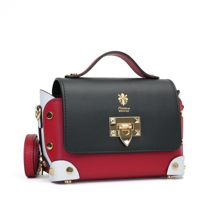 Geanta Natalia, roșu‑negru, casual, din piele naturală