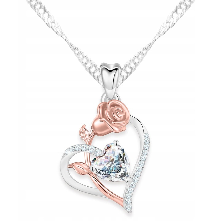 Colier Larezo, inima cu trandafir, argint 925, zirconii, 42cm + 3cm