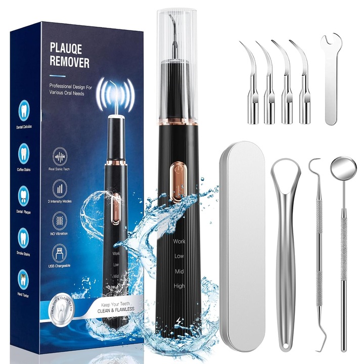 Fogtisztító készülék, Pinkart® fogkőeltávolító, 3 üzemmód, 4 cserélhető fej, USB töltés, tükörrel, csendes