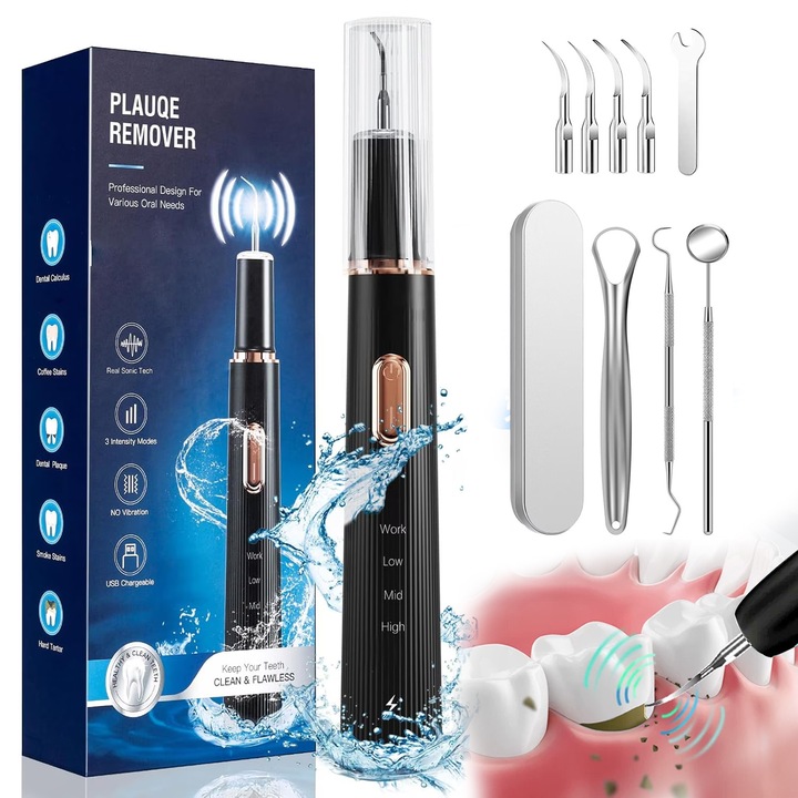 Dispozitiv pentru Curatarea Dintilor, Aparat Eliminare Tartru, Pinkart®, 3 Moduri de Lucru, 4 Capete Interschimbabile, Incarcare USB, Cu Oglinda, Silentios