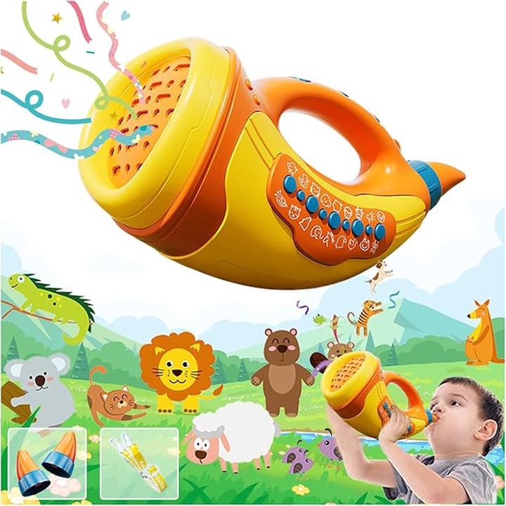 Комплект образователни музикални инструменти за деца, BOMSTOM, 2 режима, 30 звукови ефекта, С 1 презрамка + 2 мундщука, ABS, Помага за подобряване на белодробния капацитет, Оранжев, 3 години+