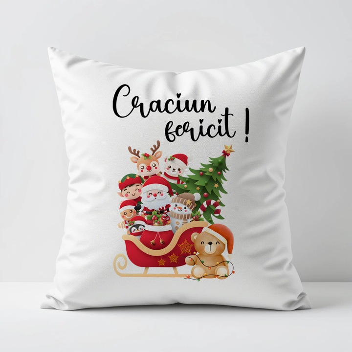 Karácsonyi párna illusztrációval és "Boldog karácsonyt" üzenettel, karácsonyi ajándék, 40x40 cm, levehető huzat