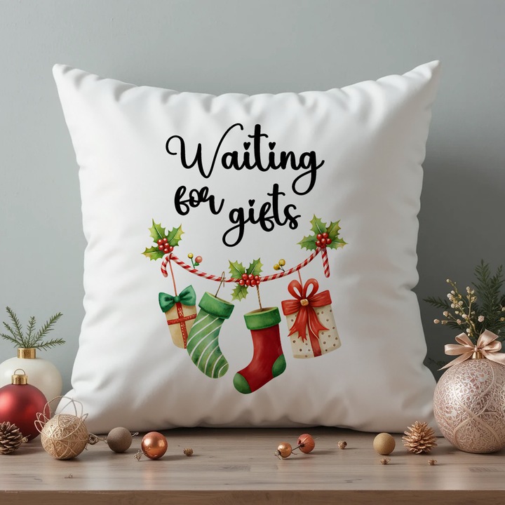 Karácsonyi párna illusztrációval és "Ajándékokra várva" üzenettel, karácsonyi ajándék, 40x40 cm, levehető huzat