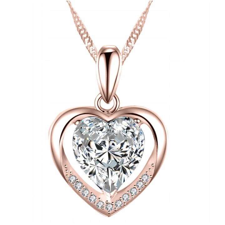 Colier Larezo, argint 925, placat cu aur roz, zirconiu, 42cm + 3cm, motiv inima