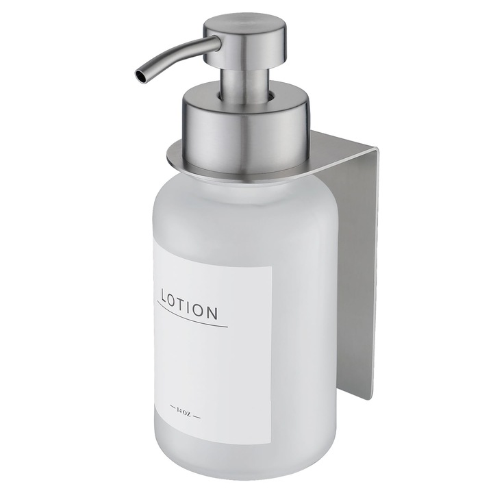Dozator De Sapun Din Sticla Cu Suport De Perete Autoadeziv, Dozator Cu Pompa Din Otel Inoxidabil Pentru Sapun Lichid, Dozator De Detergent De Vase Fara Gaurire, 400 Ml (Frost/Argintiu)
