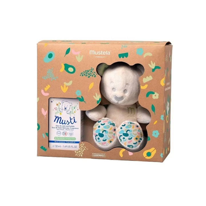 Подаръчен комплект Mustela Musti - Парфюмна вода 50 мл + Плюшено мече, 0-3 месеца