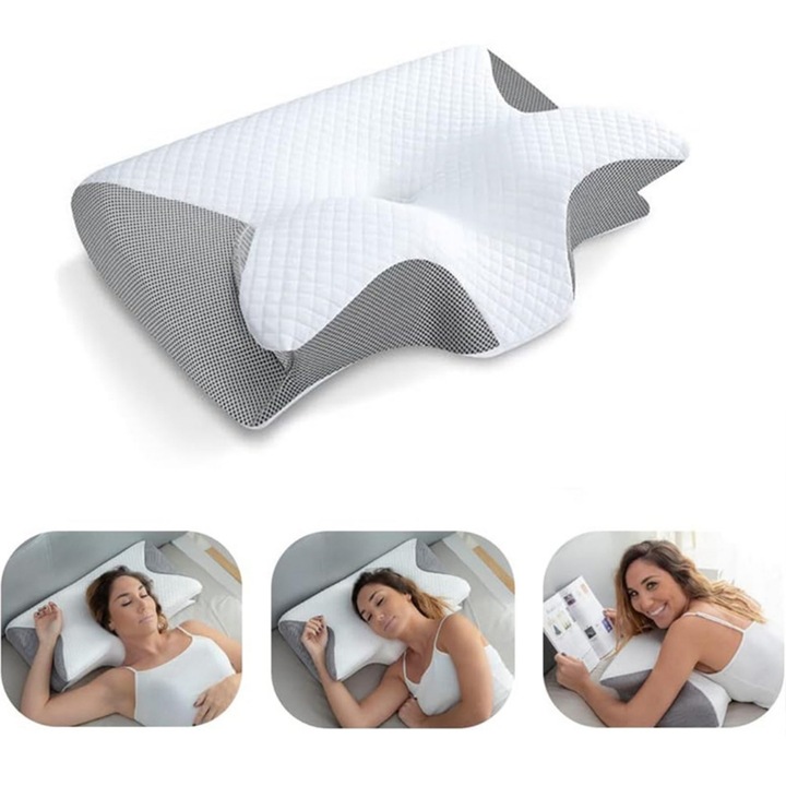 Perna Ortopedica din Spuma cu Memorie, Design Ergonomic, Husa Respirabila, Suport Cervical si pentru Coloana Vertebrala, Anti-Sforait, 62×37×12 cm
