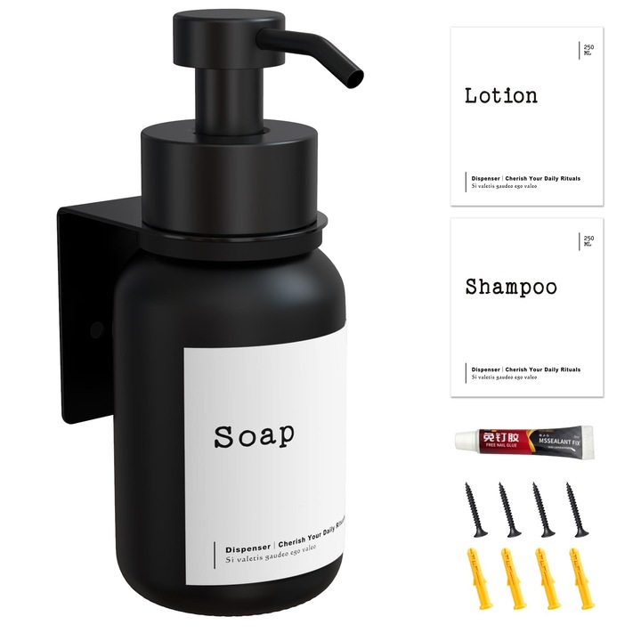 Teheo 250 ml-es üveg szappanadagoló, falra szerelhető, fekete, fúrásmentes, kézszappanhoz, samponhoz, tusfürdőhöz
