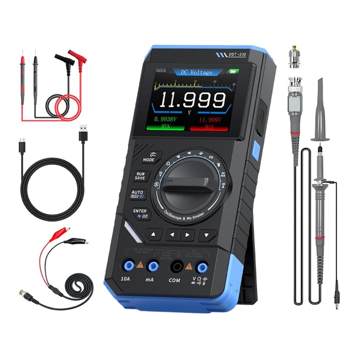 Осцилоскоп с мултицет и DDS генератор на сигнали Duueyct, 3 в 1, преносим, цифров, Li-Ion батерия 3000mAh, Type-C, честотна лента 10MHz, 2,8-инчов LCD екран, честота на дискретизация 48MS/s, 19999 броя, излъчва 13 форми на вълни, син/черен