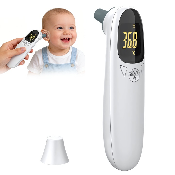 Инфрачервен термометър за деца, SDLOGAL, ухо и предмети, LED дисплей, 32 памети + звукова аларма, за деца и възрастни, бял