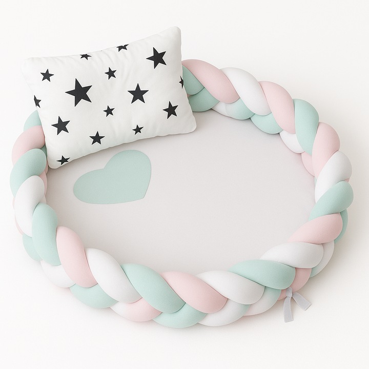 Cosulet cu perna cu stelute pentru bebelusi, portabil, margini impletite Bumper, bumbac, alb, verde, roz, Funny Party Shop®