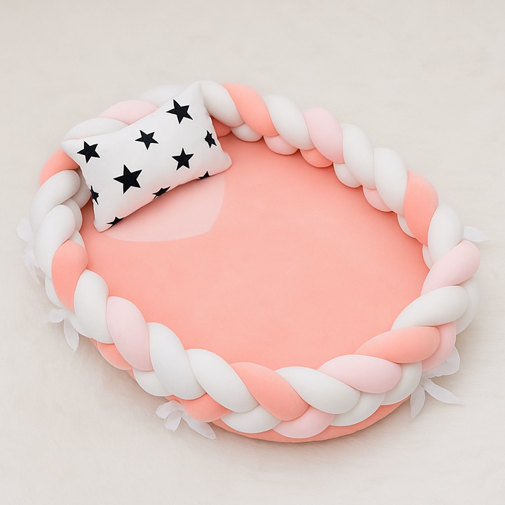 Cosulet cu perna cu stelute pentru bebelusi, portabil, margini impletite Bumper, bumbac, alb, roz inchis, roz, Funny Party Shop®