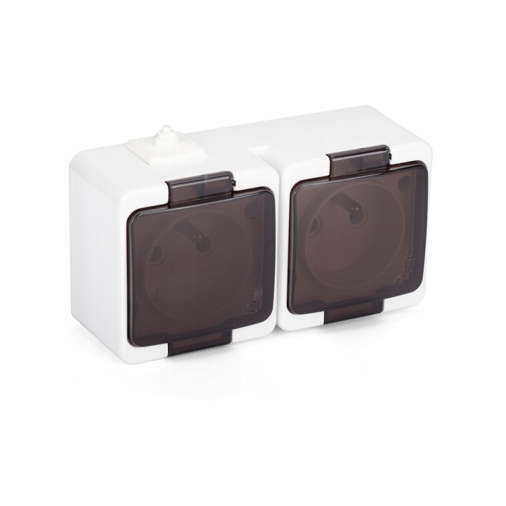 Gniazdo electric dublu Montis MT071, IP44, alb, 65x125x44mm