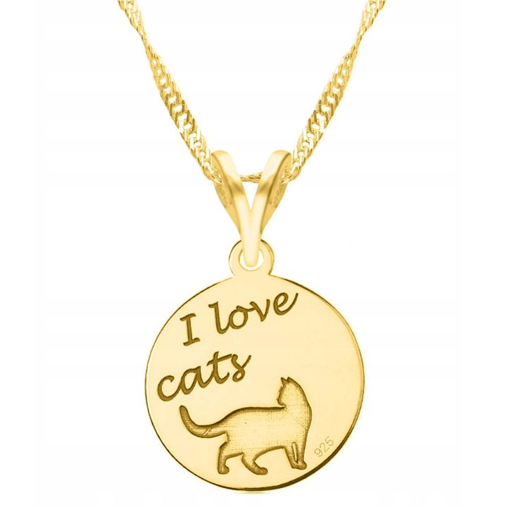 Colier din argint 925 placat cu aur I Love Cats, 42cm + 3cm, design cerc, set complet cu cutie si certificat de calitate
