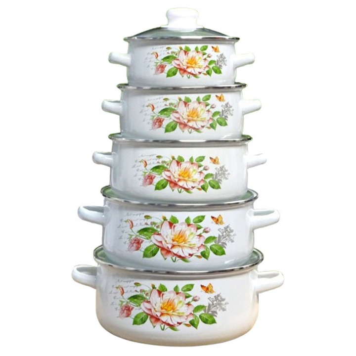Set Vase Enatelate din Otel cu Capacele - 10 Pieces