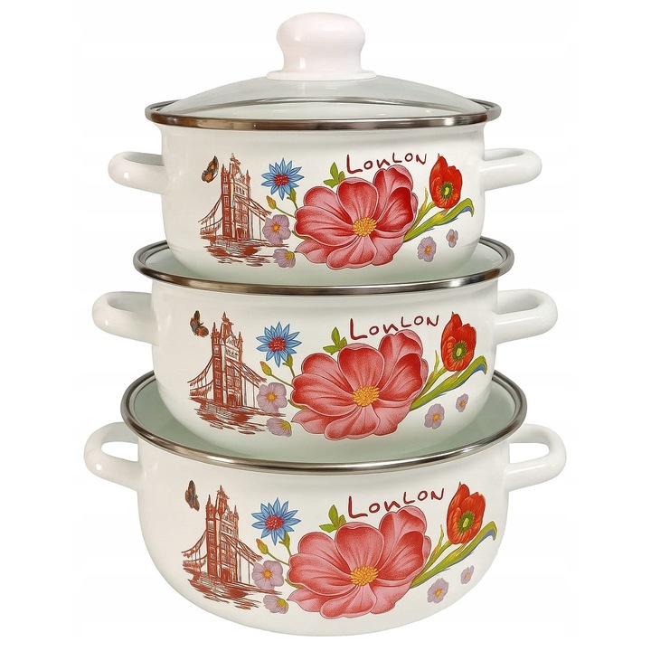 Комплект от 6 емайлирани тенджери 16-20 см, с капаци, за индукционен котлон