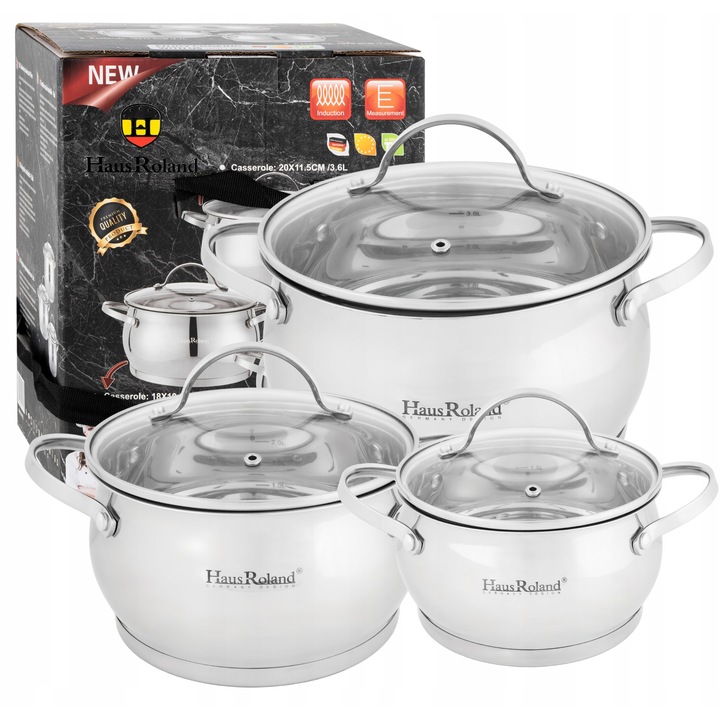 Set 3 oale inox cu capace, pentru plita gaz, inductie, 1.9L-3.6L