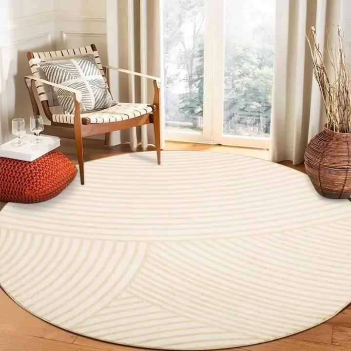 Covor rotund pentru living, 120 cm, covor pufos cu fir scurt, covor modern lavabil, linii simple, covor antiderapant, potrivit pentru sufragerie, bucatarie si dormitor, bej