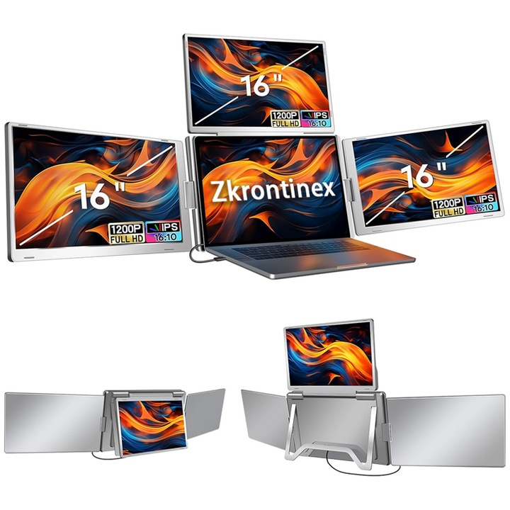 Extensor de ecran pentru laptop, Zkrontinex, 3 monitoare 15 "6" FHD 1200P, portabil, pliabil