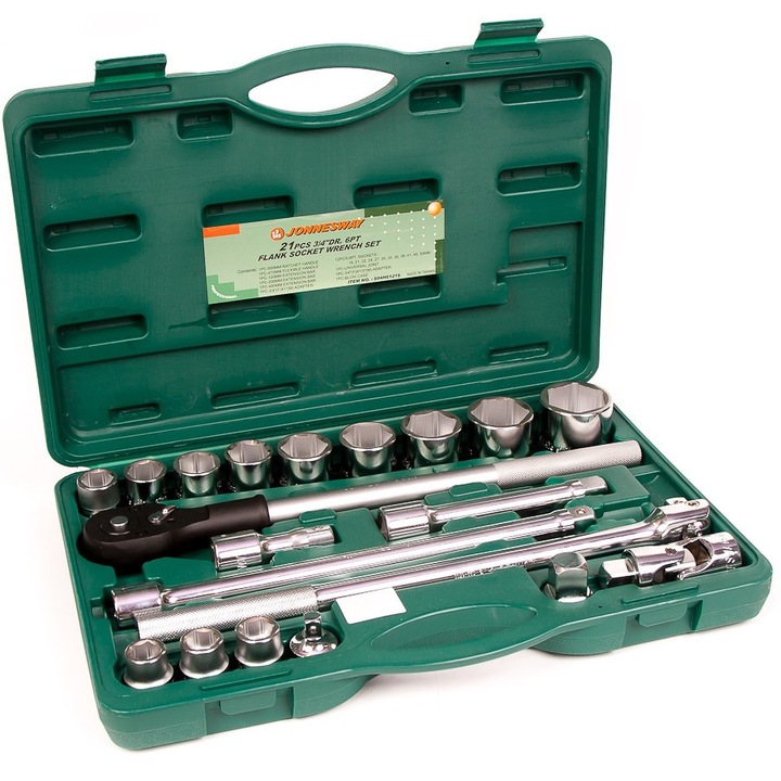 Set chei nasale 3/4" 21 piese, Jonnesway, grzechotka 500mm, pokretlo 475mm, dimensiuni 530x340x85mm