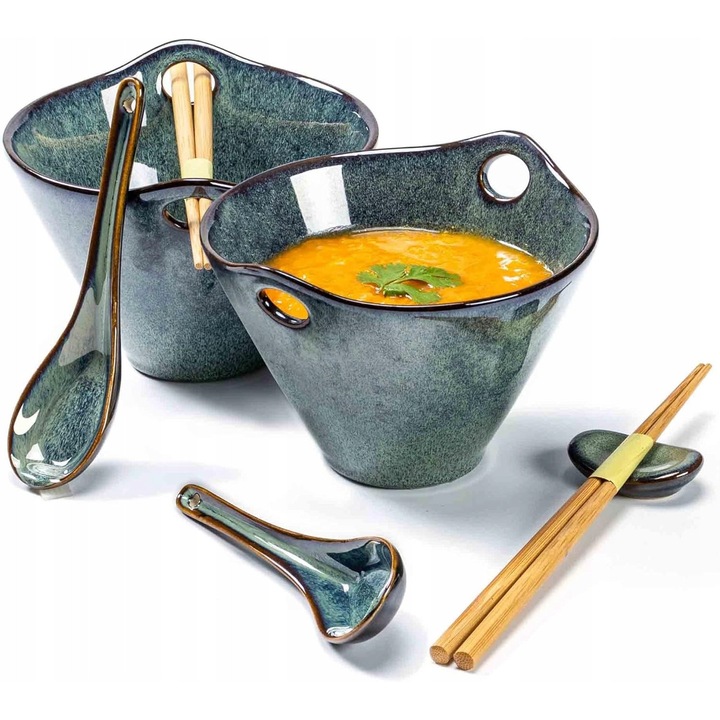Set 2 boluri mari din ceramica pentru ramen, cu accesorii