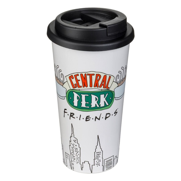 Pahar din Plastic Alb cu Model Friends & Capac Negru pentru Cafea 290ml