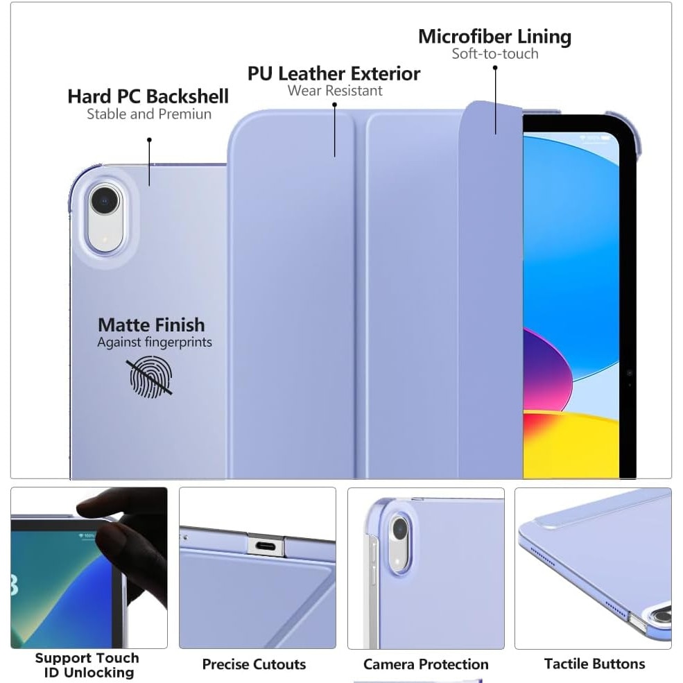 Husa DUOCUOLA pentru iPad generatia 11 11 inch 2025, iPad generatia 10 10.9 inch 2022, husa protectoare subtire cu suport, spate transparent din PC rigid, compatibila cu Touch ID, Lavanda Violet