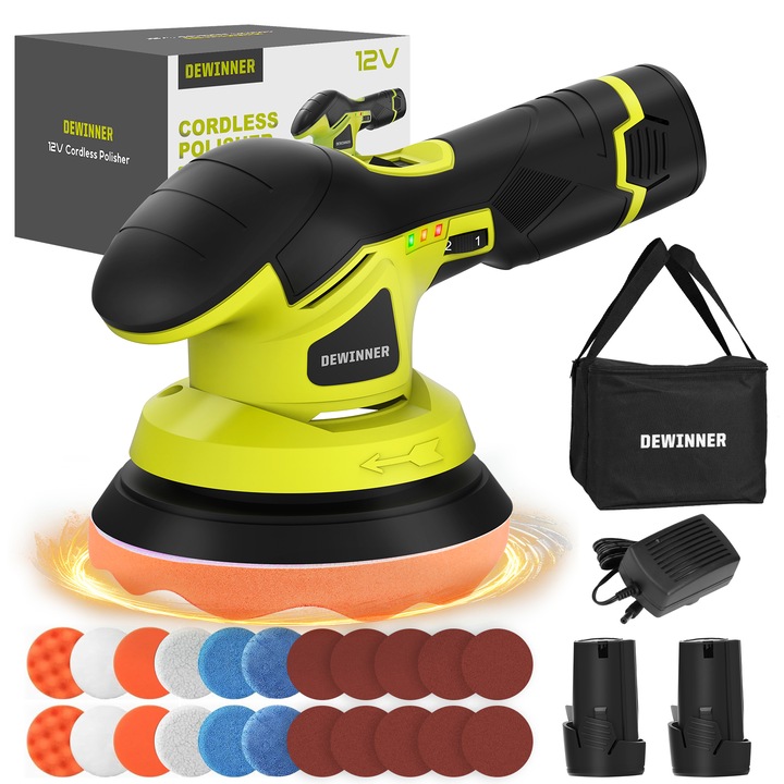 Masina de polisat auto, DEWINNER, 2 Acumulatori 12V, Fara fir, Portabil, 2500-5000 Rpm, 6 Viteze, Vert/Negru
