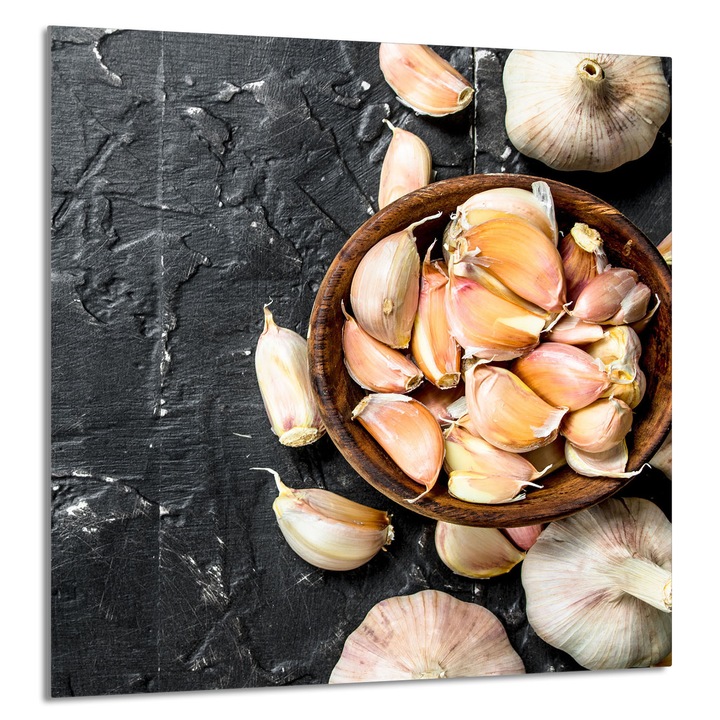 TMK ArtDeko 60x65 cm-es konyhai üvegpanel, fokhagyma mintás, multifunkcionális, szennyeződés elleni védelem