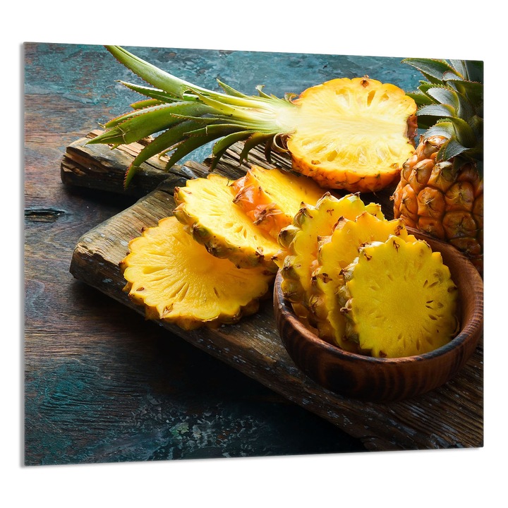 TMK ArtDeko 65x60 cm-es dekoratív üveg fali panel konyhába, ananász design, többfunkciós