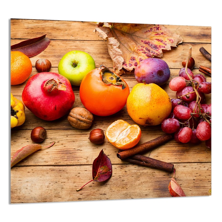 TMK ArtDeko 65x60 cm-es dekoratív üvegtábla konyhába, gyümölcsös design, multifunkcionális, magas hőmérsékletnek ellenálló