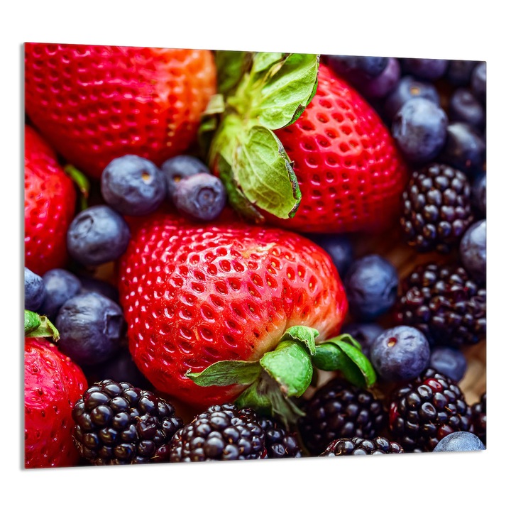 TMK ArtDeko 65x60cm üveg dekorációs tábla konyhába, eper design, multifunkcionális