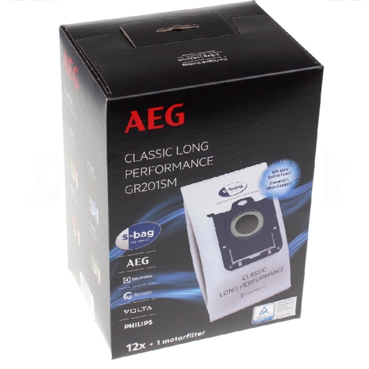 Sac aspirator AEG s-bag GR201S Classic, pachet 12 saci + 1 filtru, durabilitate, eficiență