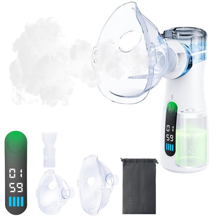 Aparat Aerosoli Profesional, Bedee, portabil, Doua moduri, Ecran digital inteligent, ≤5μm, Tehnologie MESH, Functie de Auto-Curatare, Duza Inhalare, Masca Adulti, Masca Copii, Cablu USB-C, Husa de transport inclus, 13.2 x 4.6 cm