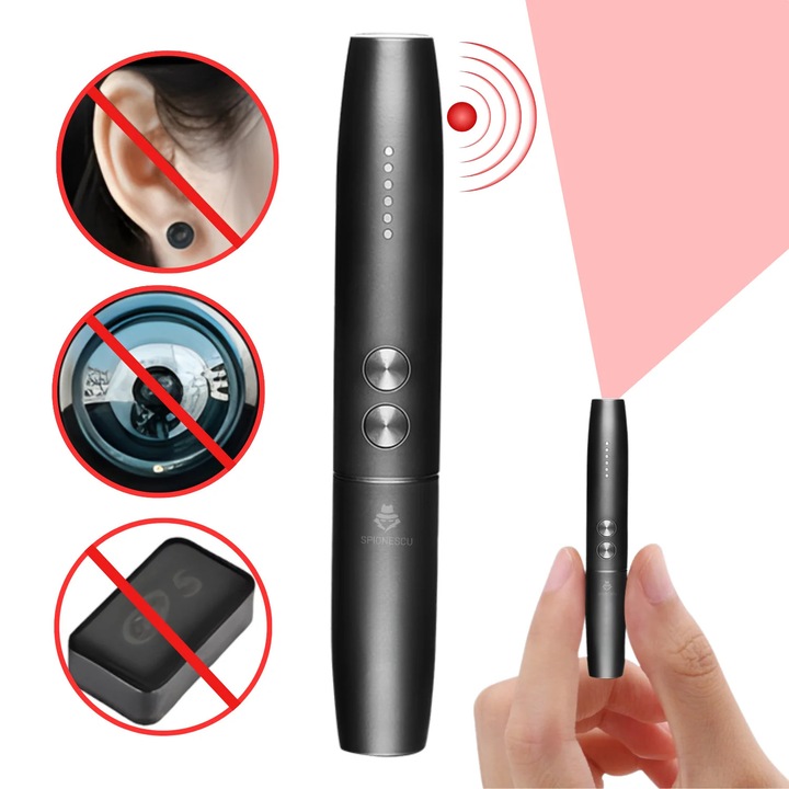 Detector antispionaj Spionescu WT09, detectare 1 MHz-6.5 GHz, raza 5 cm-10 m, compact, negru