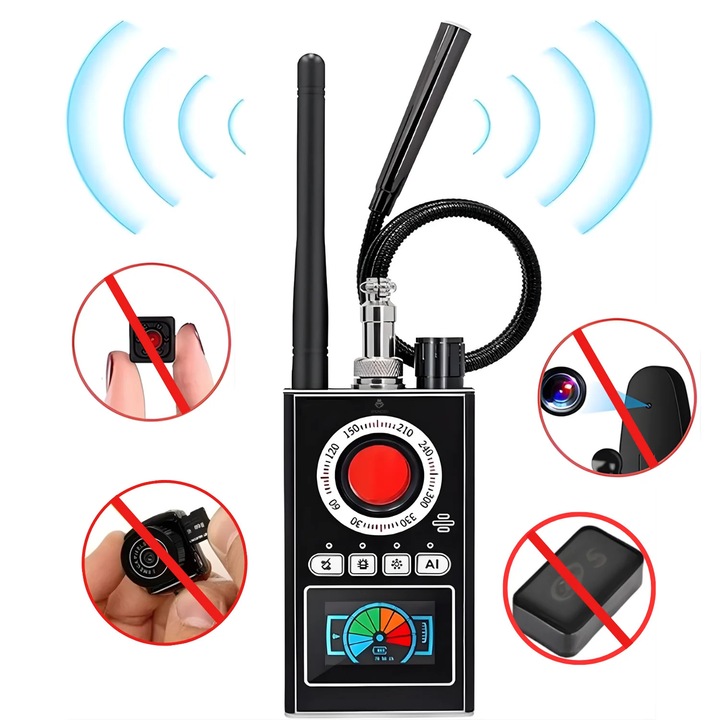 Detector aparate spionaj, K88, Spionescu, frecventa 1–8000 MHz, detectare camere ascunse, GPS si WiFi, infrarosu cu filtru optic, ecran LED, baterie 1200 mAh, negru