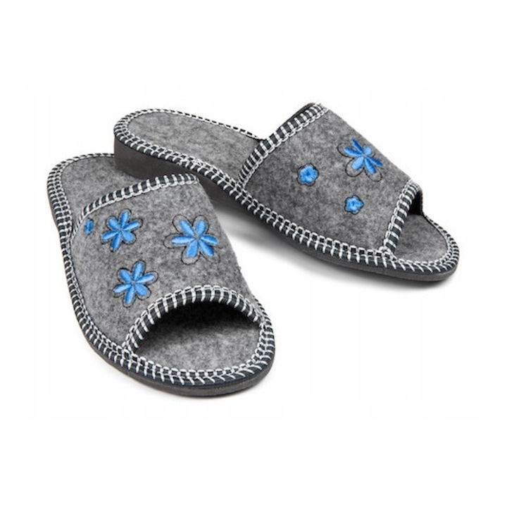 Papuci de casa pentru femei Felt cu floare albastra, marimea 41 EU