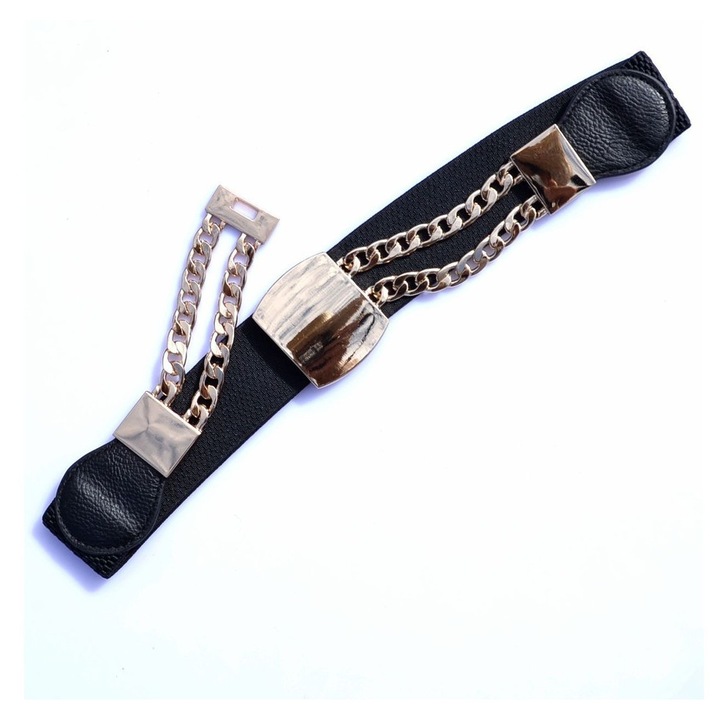 Дамски колан, черен, еластичен, катарама със златна верижка, ширина 4 см, дължина 77-100 см