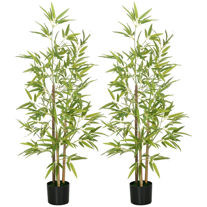 Set 2 plante artificiale de bambu, 120 cm, 3 trunchiuri, cu vas O15x12cm, verde, negru