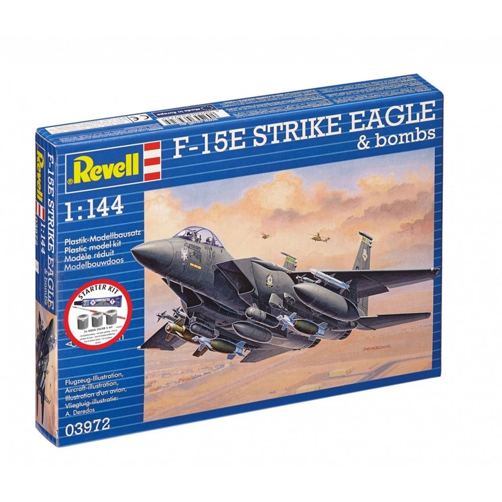 Macheta de asamblat, Revell, Kit de pornire avion de vanatoare F-15 Strike Eagle cu bombe, 70 de piese