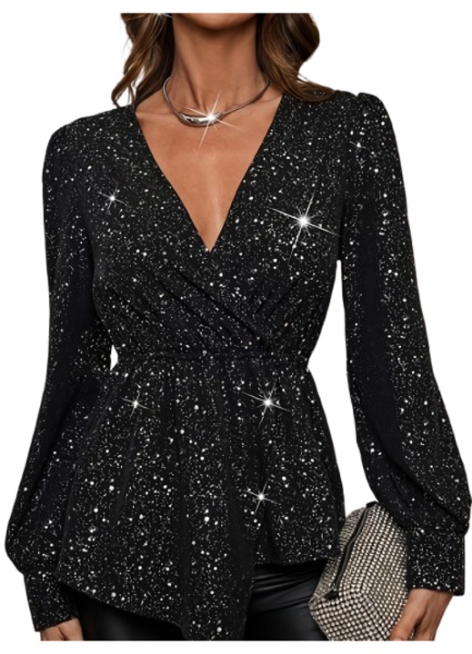 Bluza elegantă, neagră, talie accentuată, decolteu în V, mână lungă, mărime S