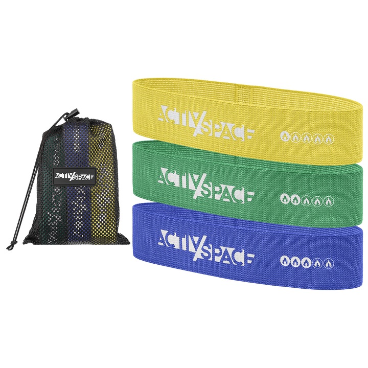 Set 3 benzi elastice mini ACTIV SPACE, 5,8cm x 64cm, diverse niveluri de rezistenta, cu sac de transport