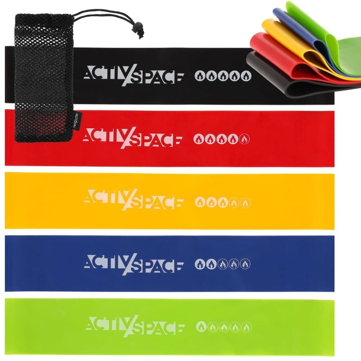Комплект от 5 ластика мини лента ACTIV SPACE, различни нива на съпротивление, 5 см x 60 см, с транспортна чанта