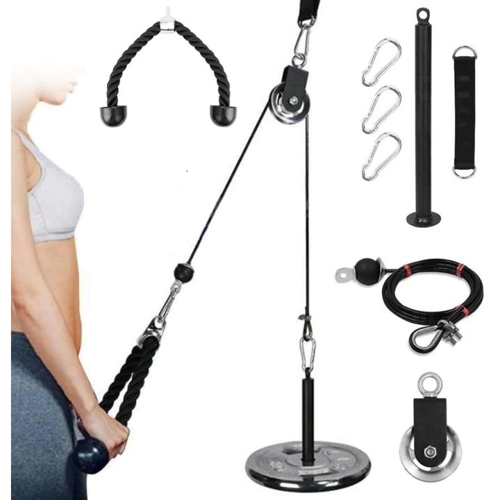 Set de exercitii pentru acasa, ACTIV SPACE, sistem de tragere superior si inferior, cablu din otel, 2m, 80-100kg